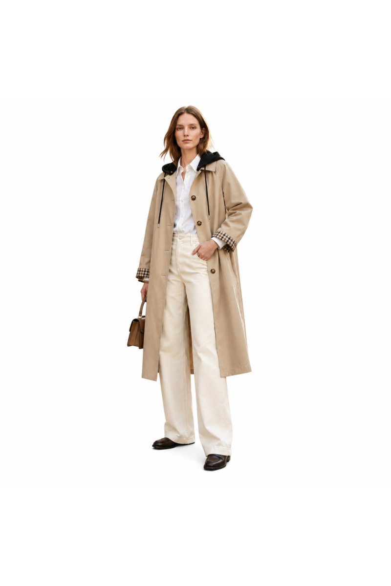 Veste Trench Long À Capuche Amovible