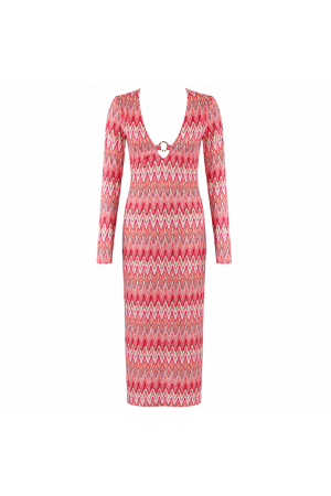 Robe Longue Rose à Motif Zigzag