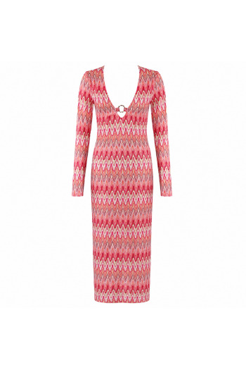 Robe Longue Rose à Motif Zigzag