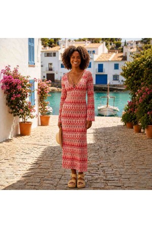 Robe Longue Rose à Motif Zigzag